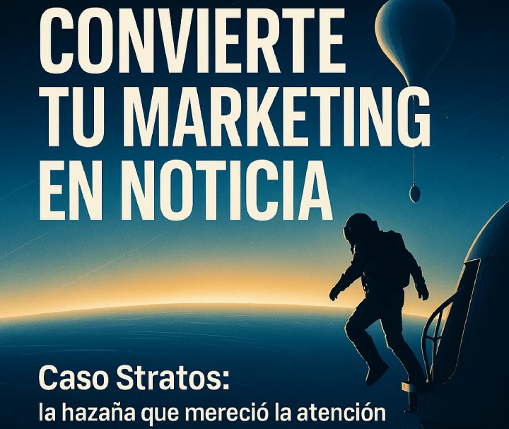 Ilustración del caso Red Bull Stratos: paracaidista salta desde cápsula y globo de gran altitud sobre la Tierra con el titular “Convierte tu marketing en noticia”.